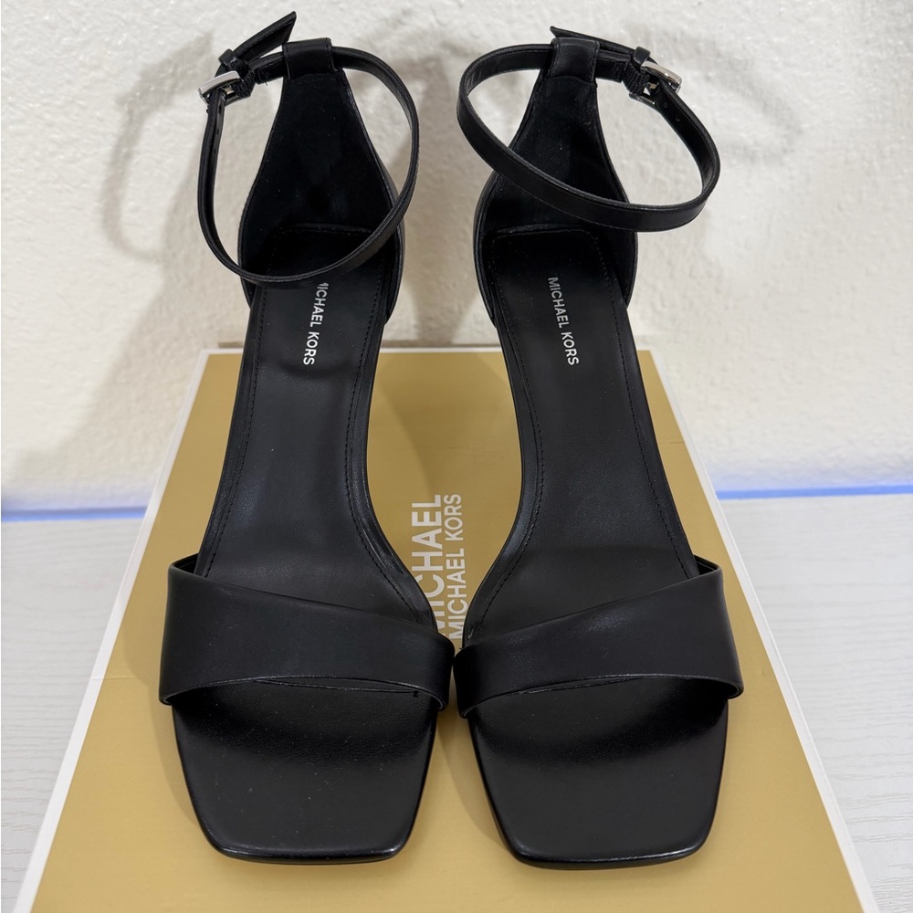 Michael Kors Jaida Ankle-Strap Black Leather High Heel Sandals. - Picture 8 of 10